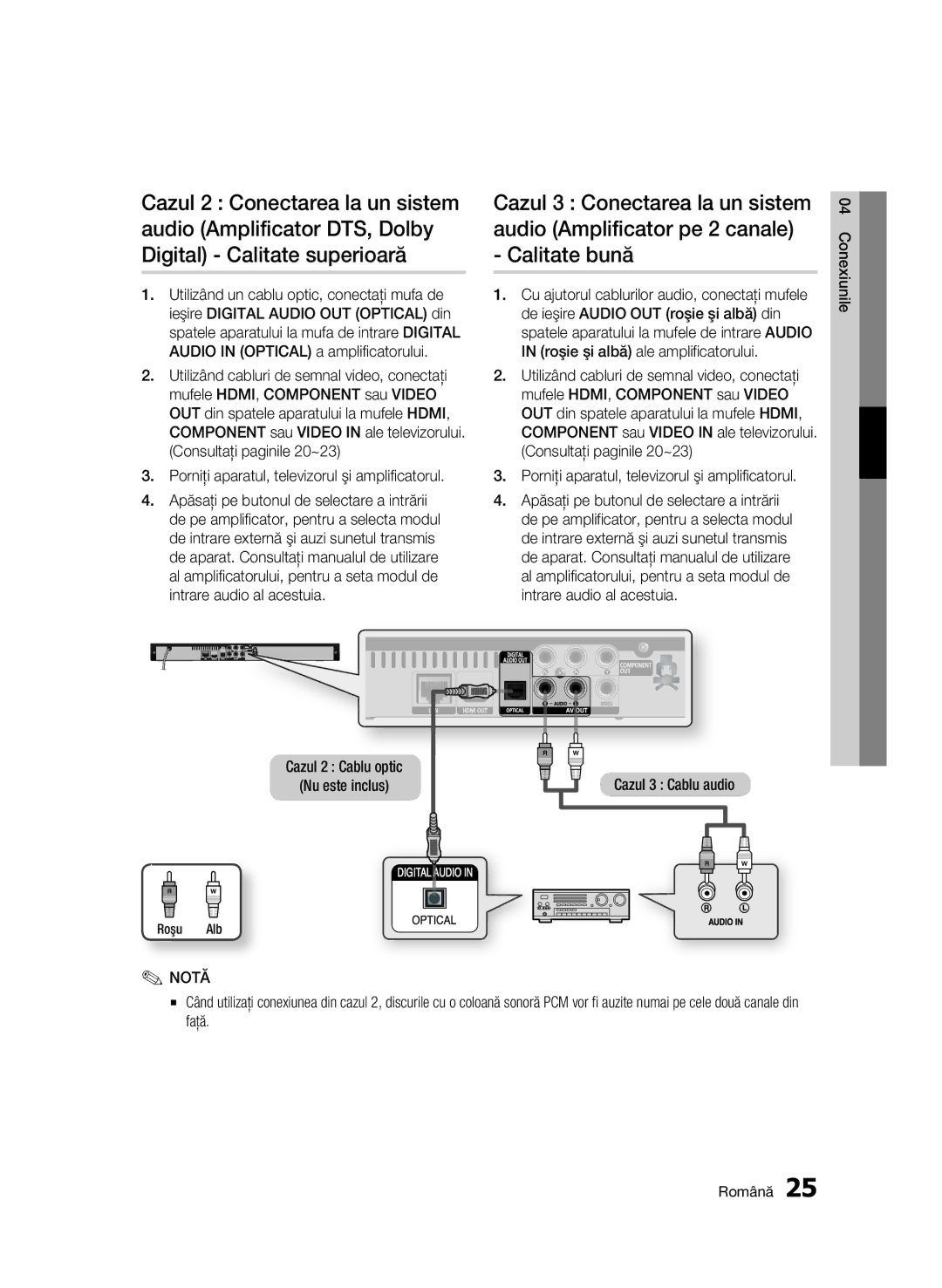 Samsung BD-C5500/EDC manual Cazul 2 Cablu optic Nu este inclus, Cazul 3 Cablu audio 