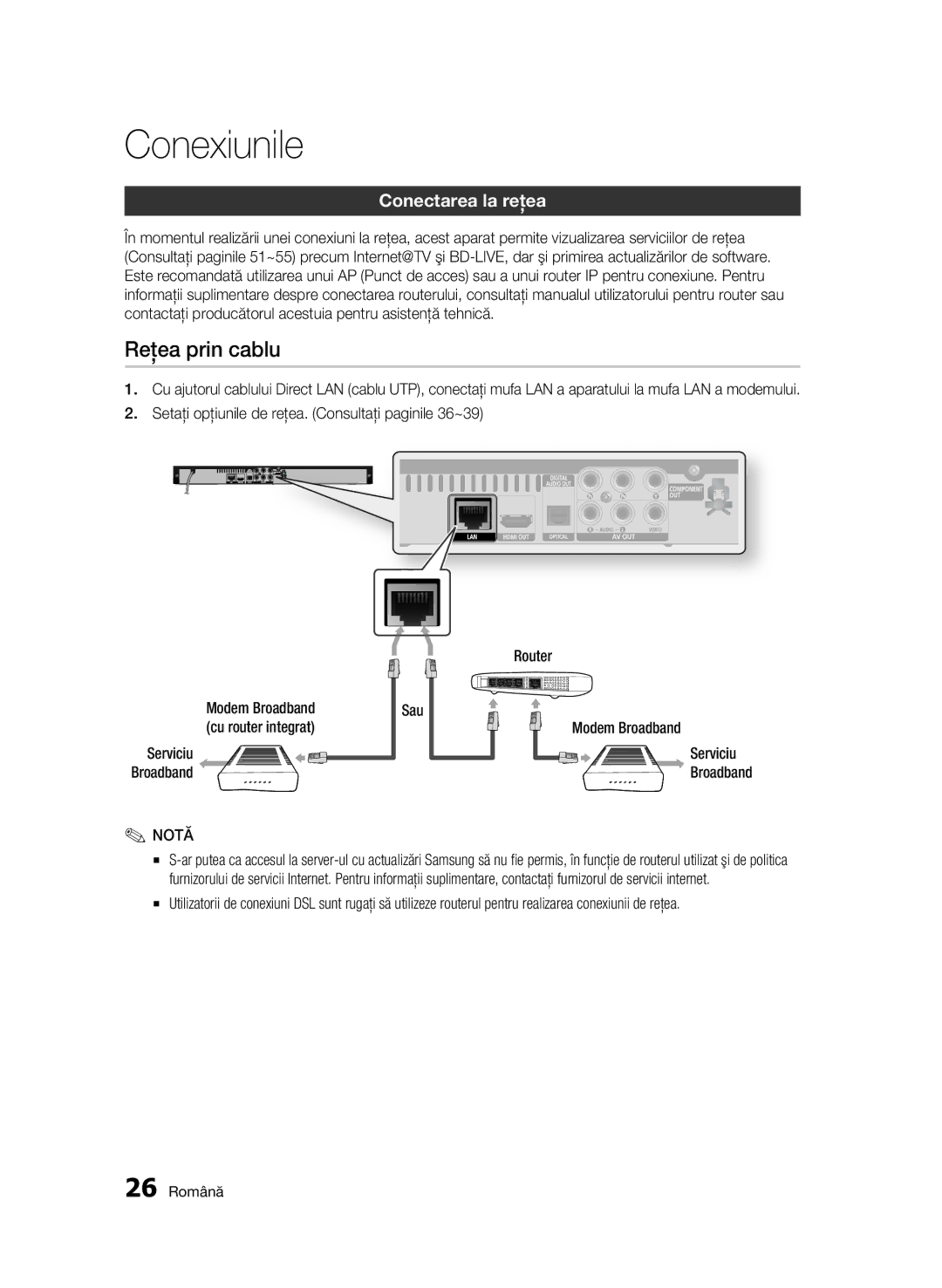 Samsung BD-C5500/EDC manual Reţea prin cablu, Conectarea la reţea, 26 Română 