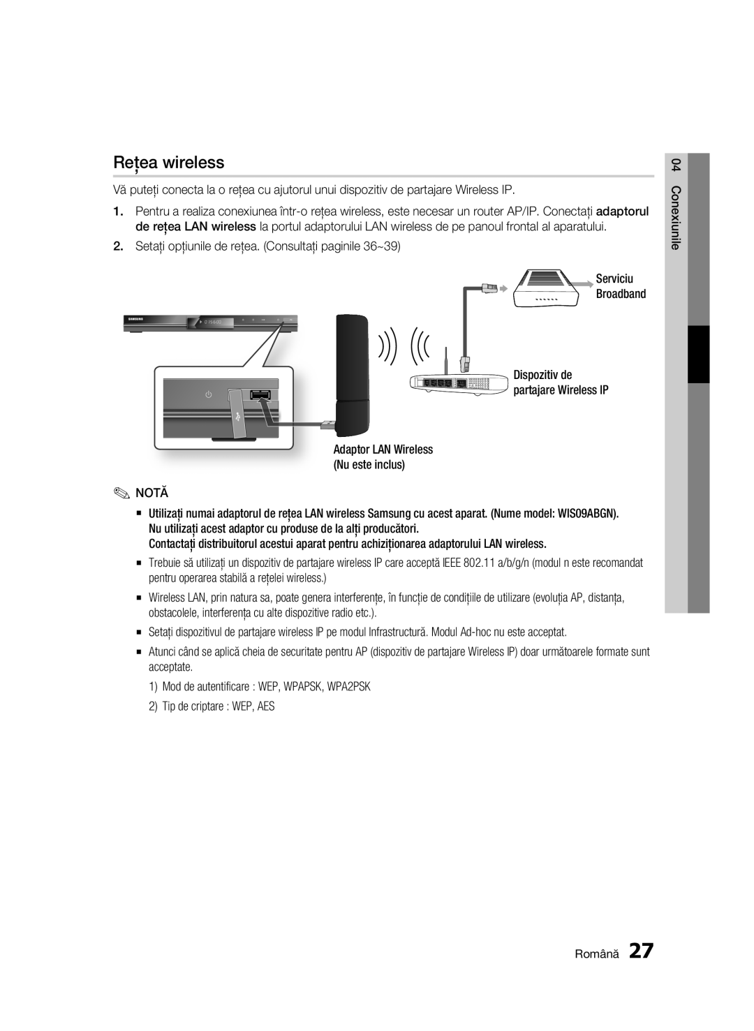 Samsung BD-C5500/EDC manual Reţea wireless, Conexiunile Română, Dispozitiv de partajare Wireless IP 