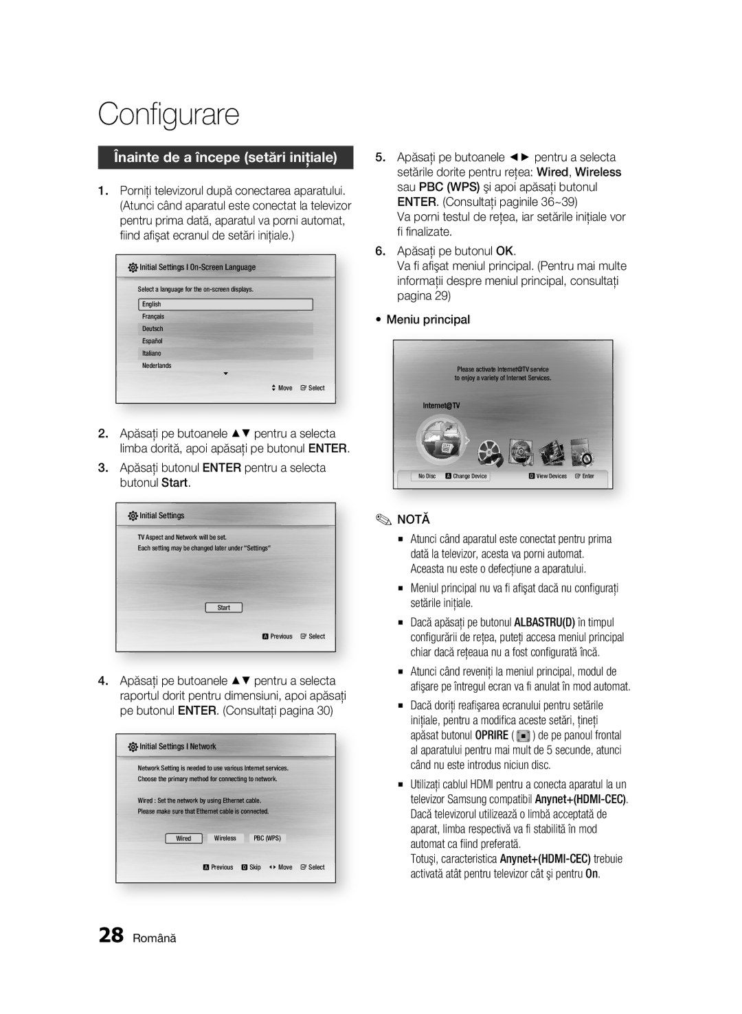 Samsung BD-C5500/EDC manual Configurare, Înainte de a începe setări iniţiale, 28 Română 