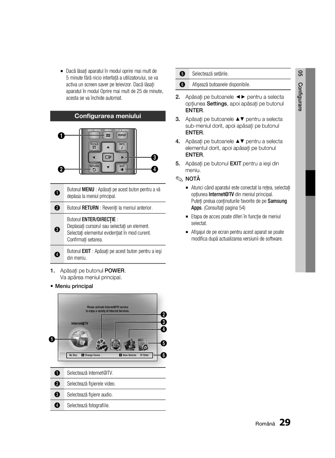 Samsung BD-C5500/EDC manual Configurarea meniului, Enter, Apăsaţi pe butonul Exit pentru a ieşi din meniu 