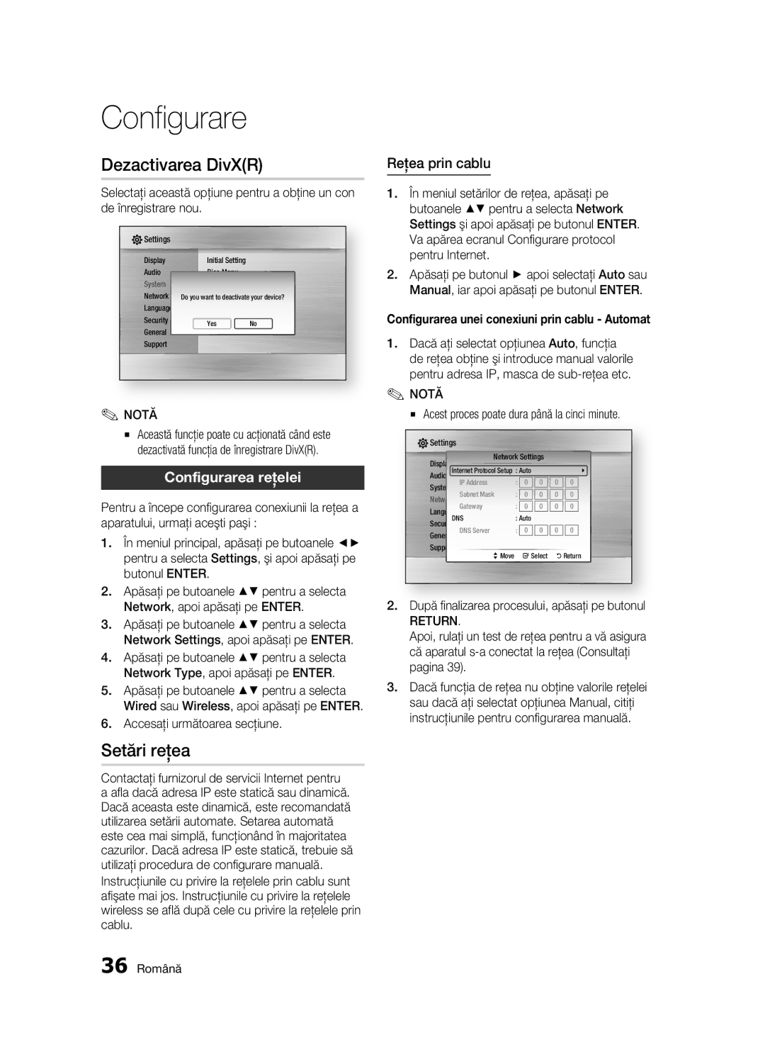 Samsung BD-C5500/EDC manual Dezactivarea DivXR, Setări reţea, Configurarea reţelei, Reţea prin cablu 