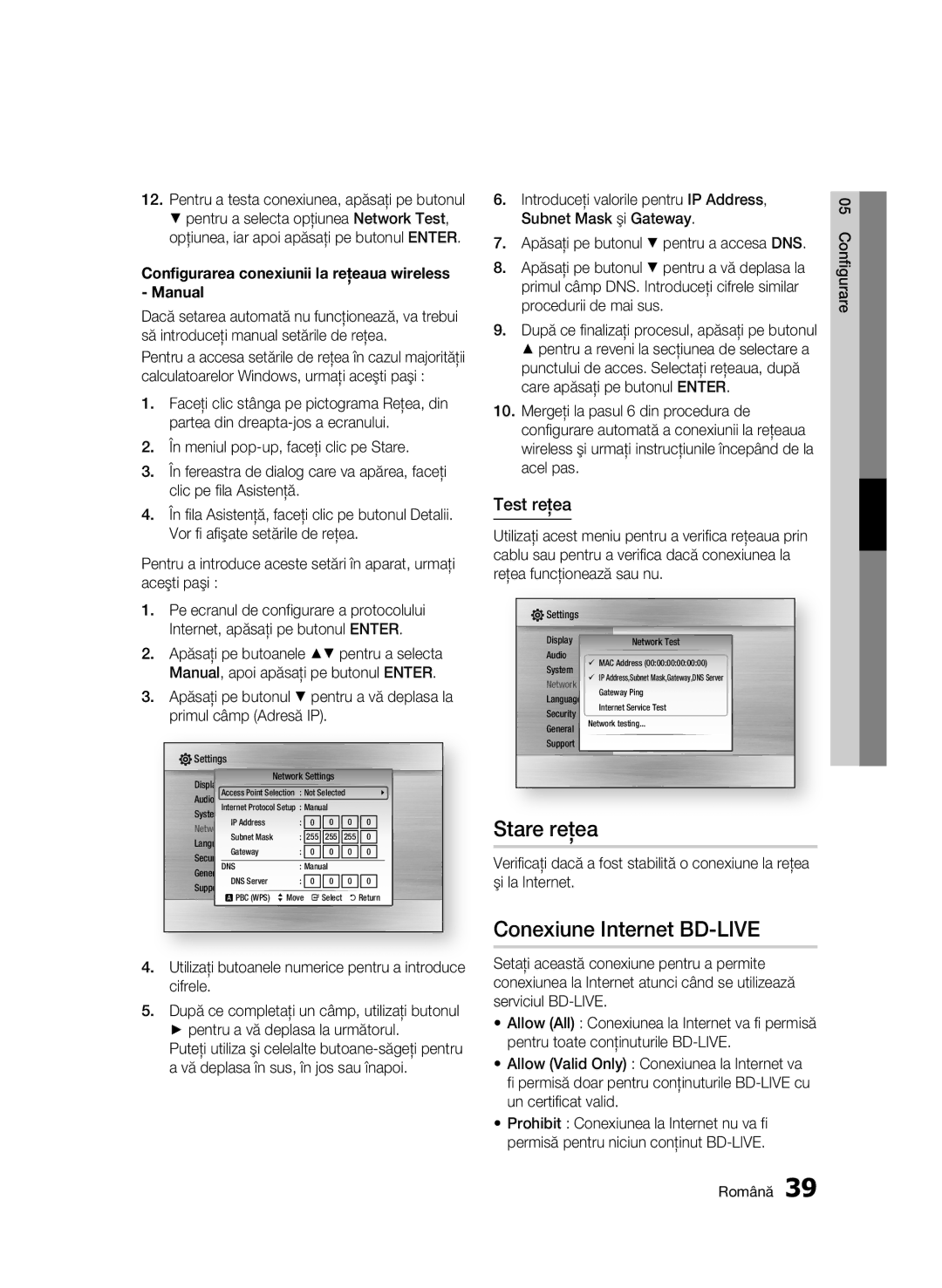 Samsung BD-C5500/EDC manual Stare reţea, Conexiune Internet BD-LIVE, Test reţea 