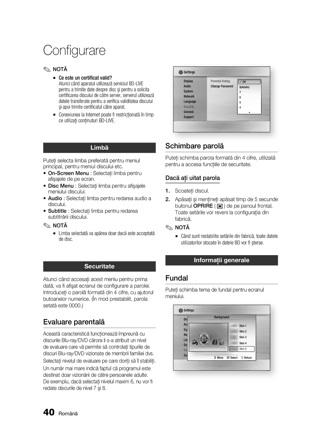 Samsung BD-C5500/EDC manual Evaluare parentală, Schimbare parolă, Fundal 