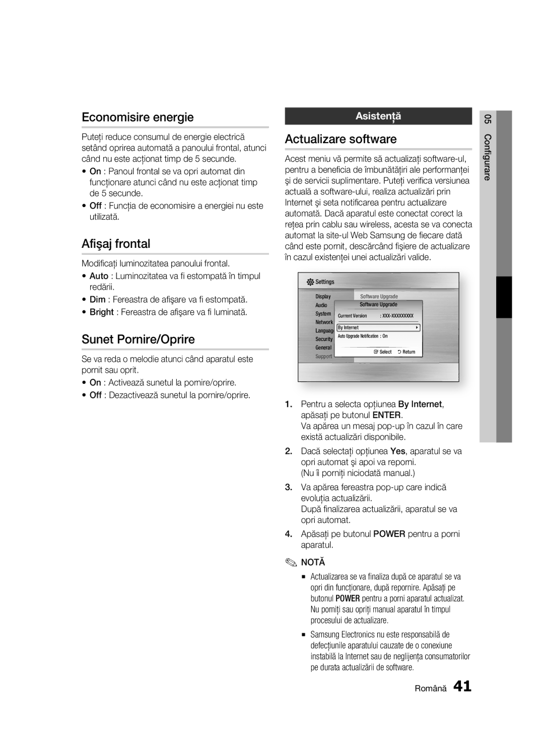 Samsung BD-C5500/EDC manual Economisire energie, Afişaj frontal, Sunet Pornire/Oprire, Actualizare software, Asistenţă 