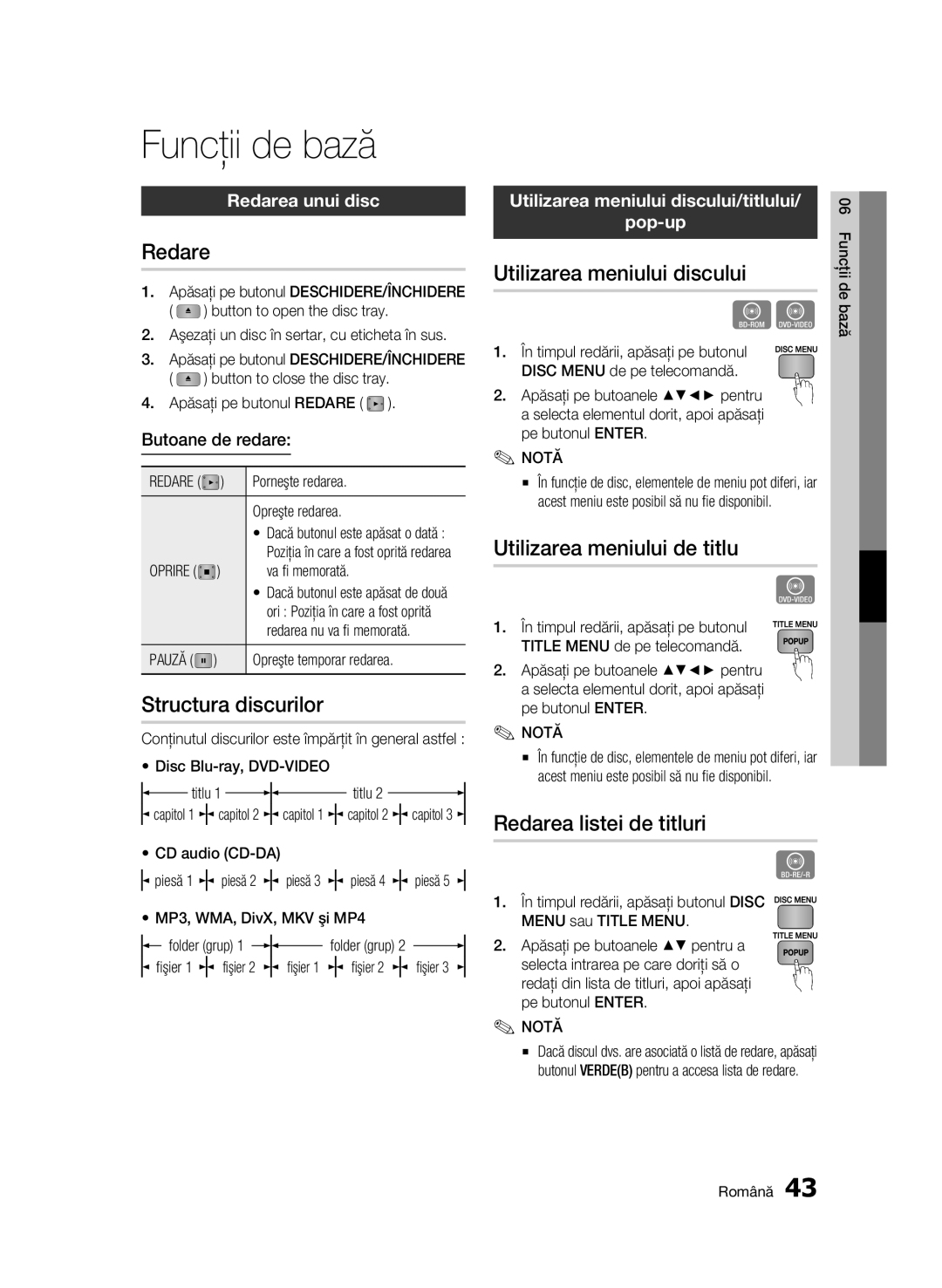 Samsung BD-C5500/EDC manual Funcţii de bază 