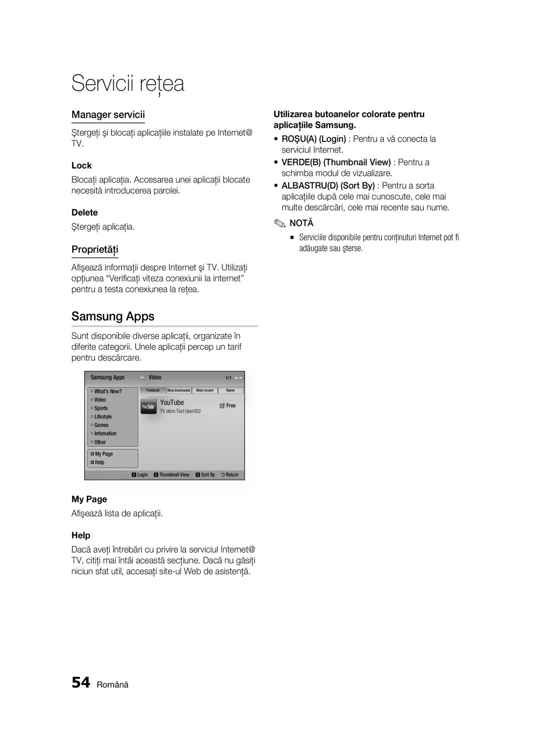 Samsung BD-C5500/EDC manual Samsung Apps, Manager servicii, Proprietăţi 