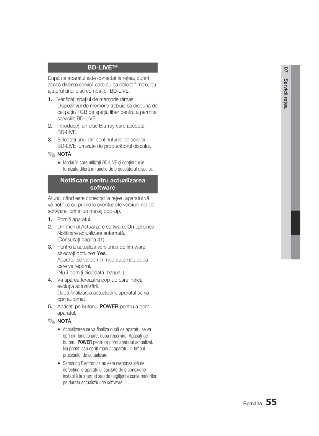 Samsung BD-C5500/EDC manual Servicii reţea Română 