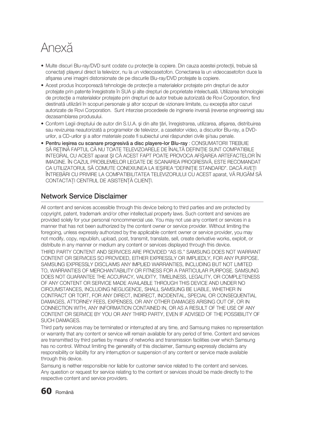 Samsung BD-C5500/EDC manual Network Service Disclaimer, 60 Română 