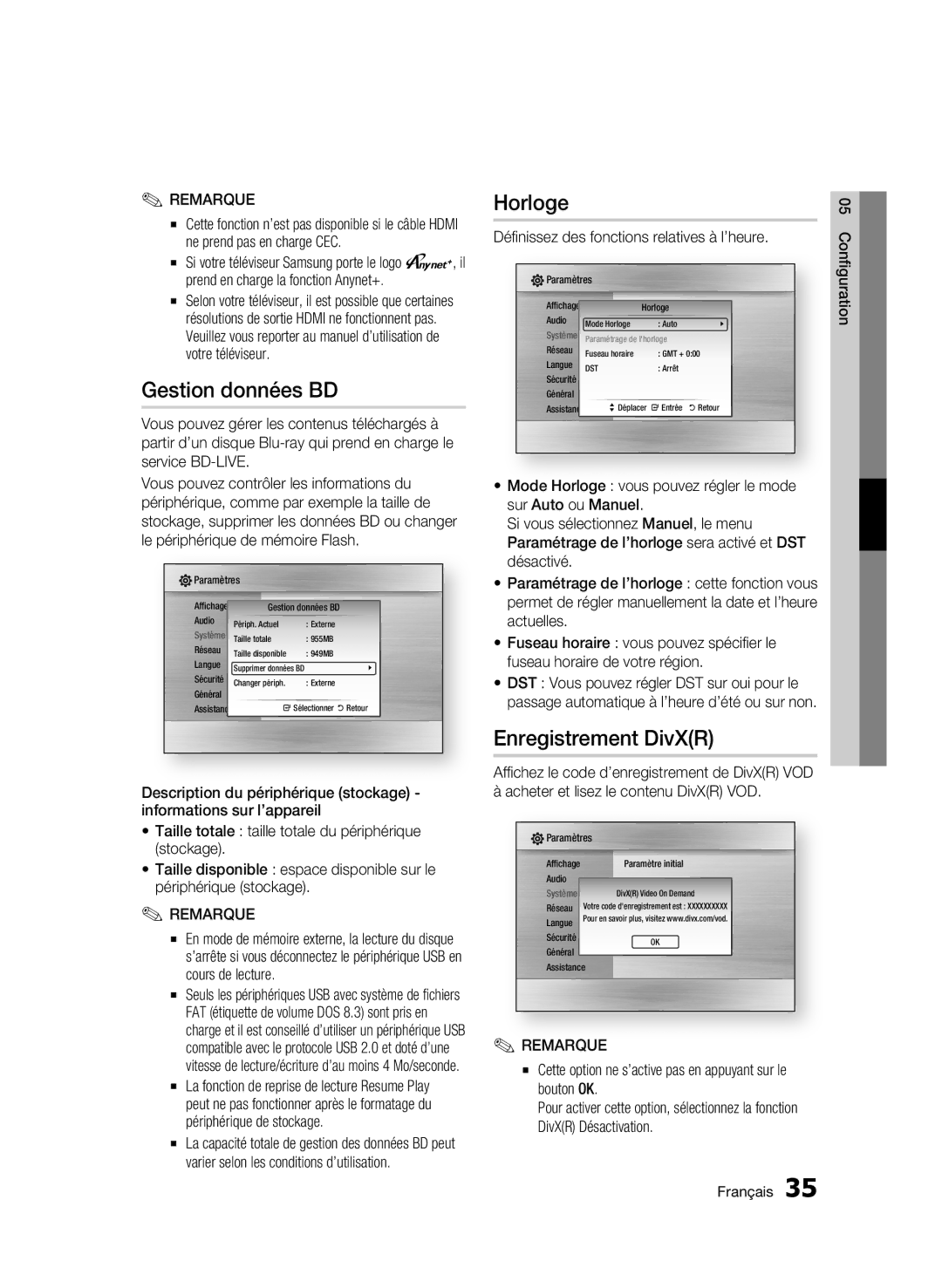 Samsung BD-C5500/XEF manual Gestion données BD, Horloge, Enregistrement DivXR, Définissez des fonctions relatives à l’heure 