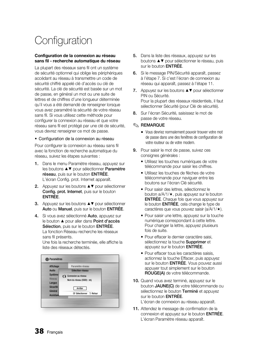 Samsung BD-C5500/XAA, BD-C5500/XEF, BD-C5500/XEE, BD-C5500/AFR manual  Configuration de la connexion au réseau, Entrée 