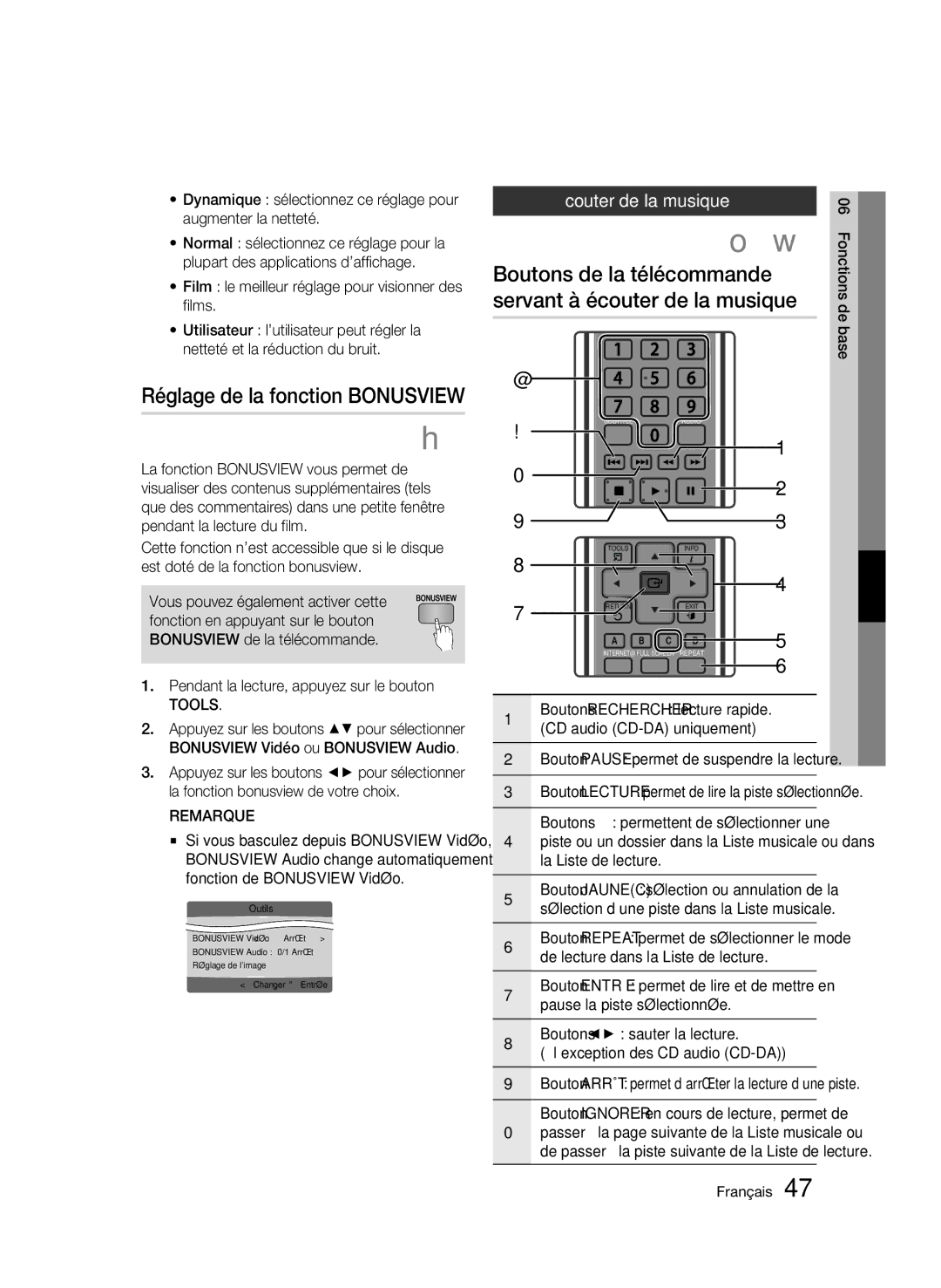 Samsung BD-C5500/XEF manual Réglage de la fonction Bonusview, Boutons de la télécommande servant à écouter de la musique 