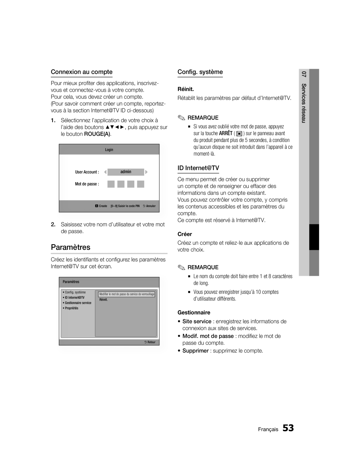 Samsung BD-C5500/AFR, BD-C5500/XAA, BD-C5500/XEF manual Paramètres, Connexion au compte, Config. système, ID Internet@TV 