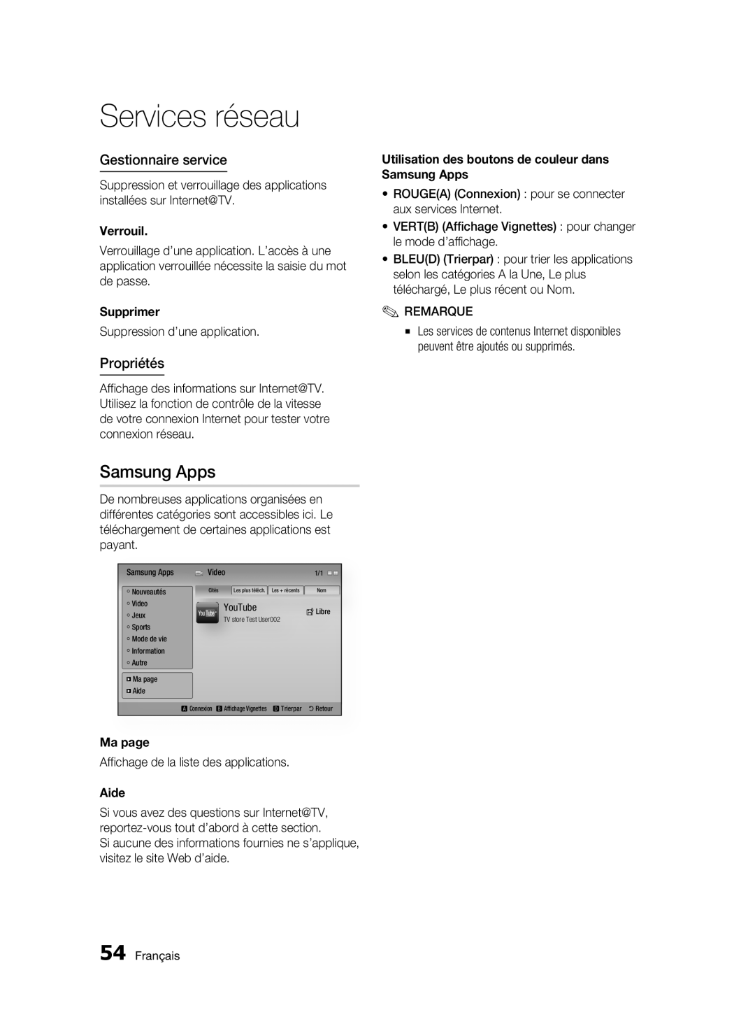 Samsung BD-C5500/XAA, BD-C5500/XEF, BD-C5500/XEE manual Gestionnaire service, Propriétés, Suppression d’une application 