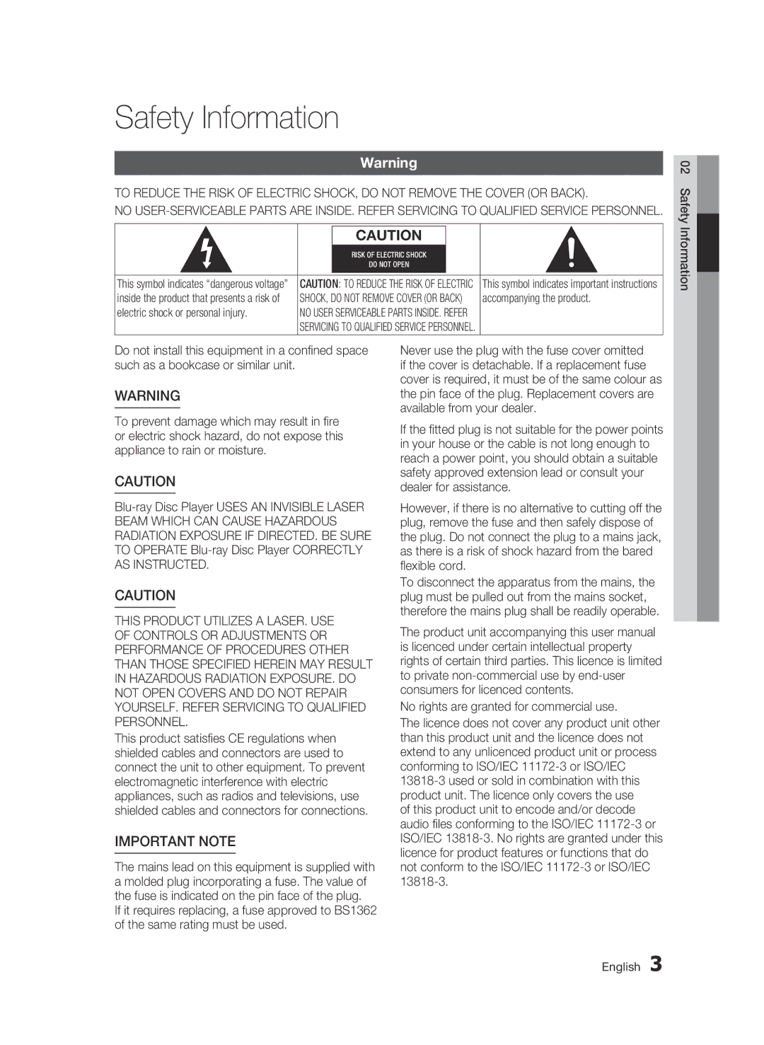 Samsung BD-C5500/AFR, BD-C5500/XAA, BD-C5500/XEF, BD-C5500/XEE manual Safety Information, Important Note 