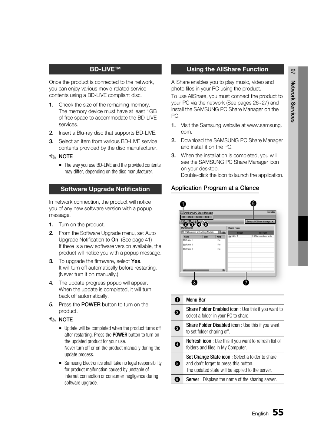 Samsung BD-C5500/AFR, BD-C5500/XAA, BD-C5500/XEF, BD-C5500/XEE Using the AllShare Function, Application Program at a Glance 