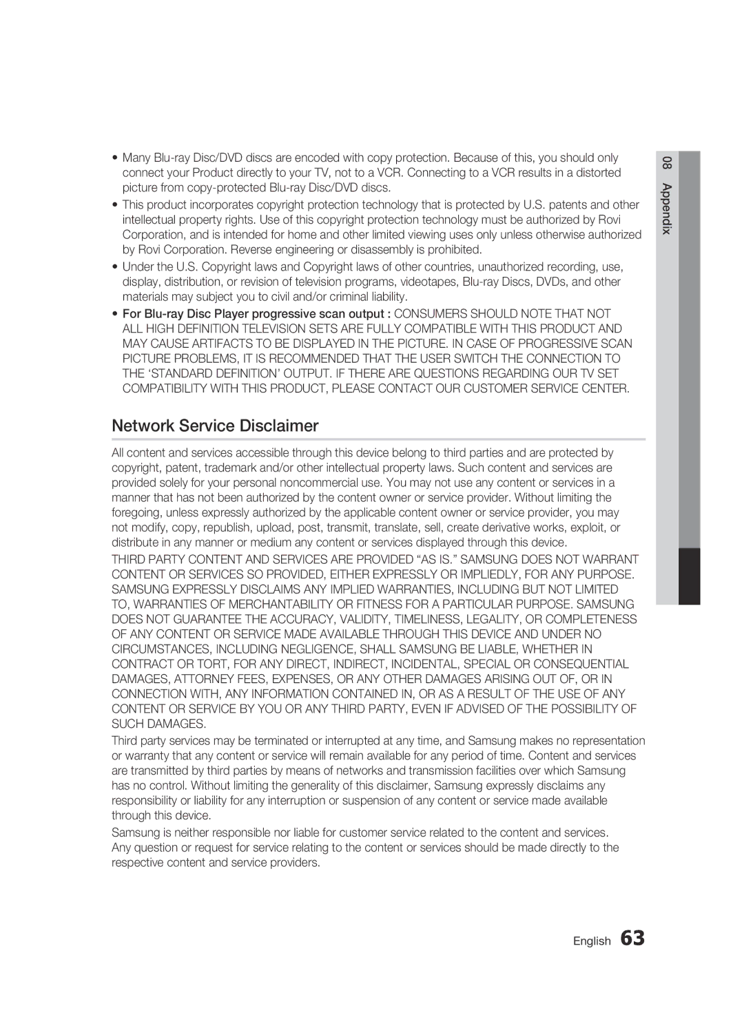 Samsung BD-C5500/AFR, BD-C5500/XAA, BD-C5500/XEF, BD-C5500/XEE manual Network Service Disclaimer 