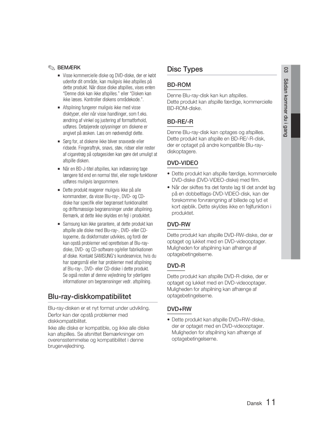 Samsung BD-C5500/XEE manual Blu-ray-diskkompatibilitet, Disc Types 