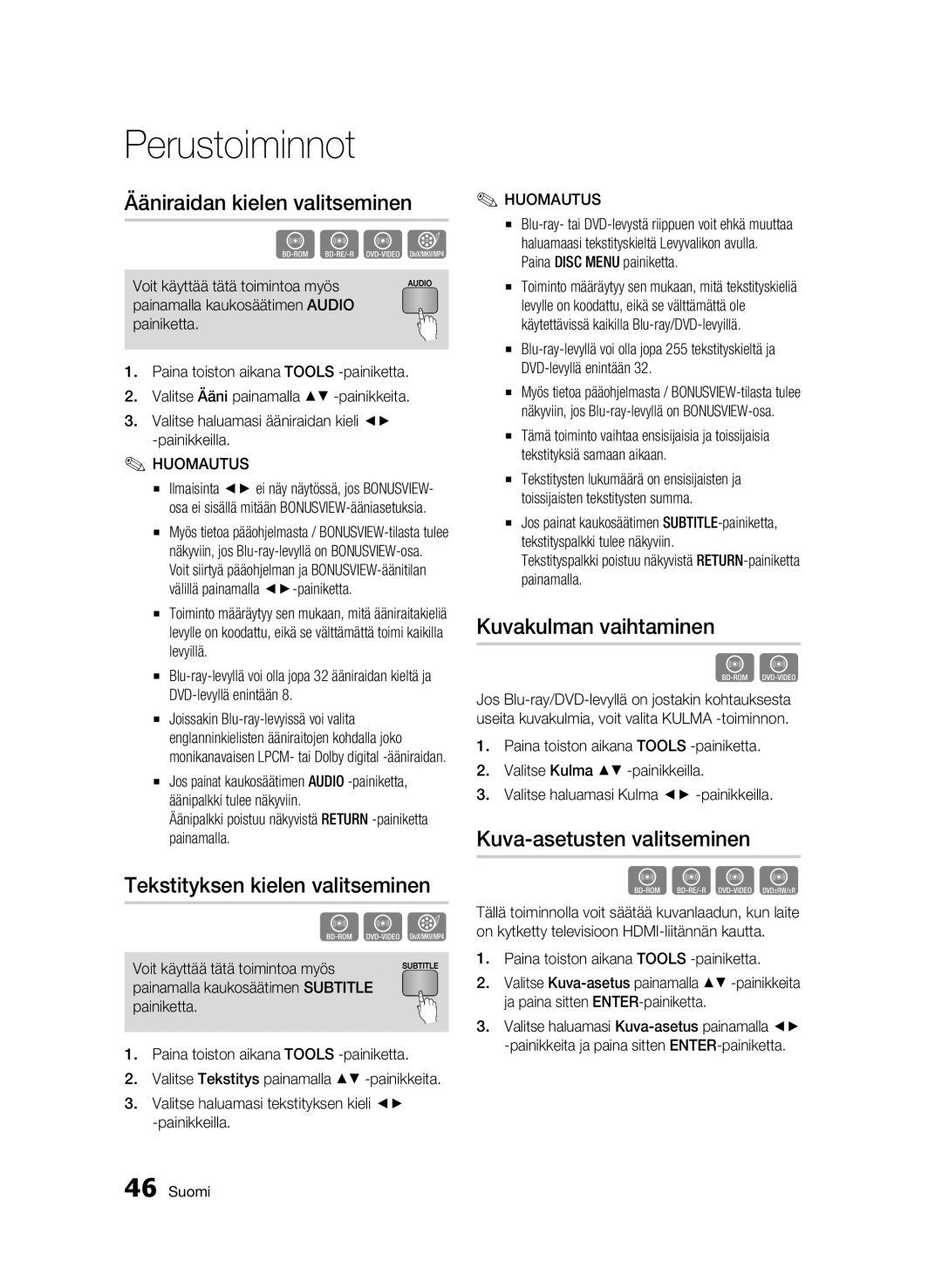 Samsung BD-C5500/XEE manual Ääniraidan kielen valitseminen, Tekstityksen kielen valitseminen, Kuvakulman vaihtaminen 