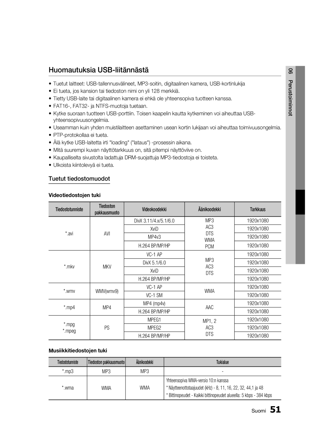 Samsung BD-C5500/XEE manual Huomautuksia USB-liitännästä, Tuetut tiedostomuodot, Videotiedostojen tuki, AC3 