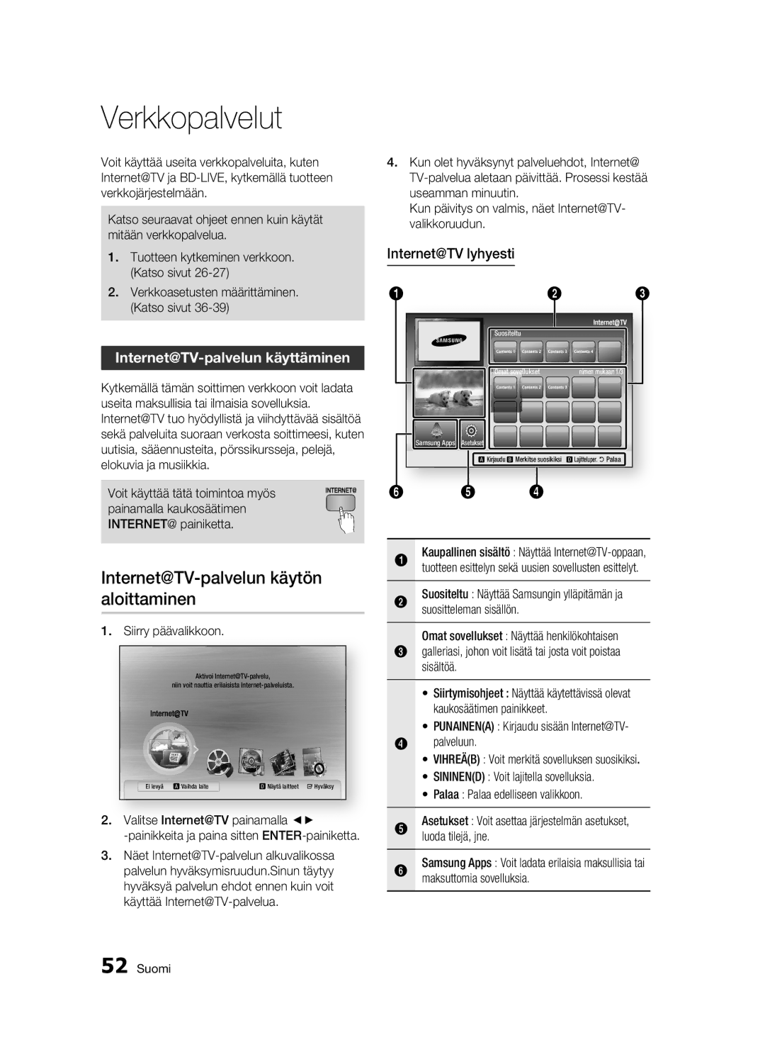 Samsung BD-C5500/XEE manual Verkkopalvelut, Internet@TV-palvelun käytön, Aloittaminen, Internet@TV-palvelun käyttäminen 