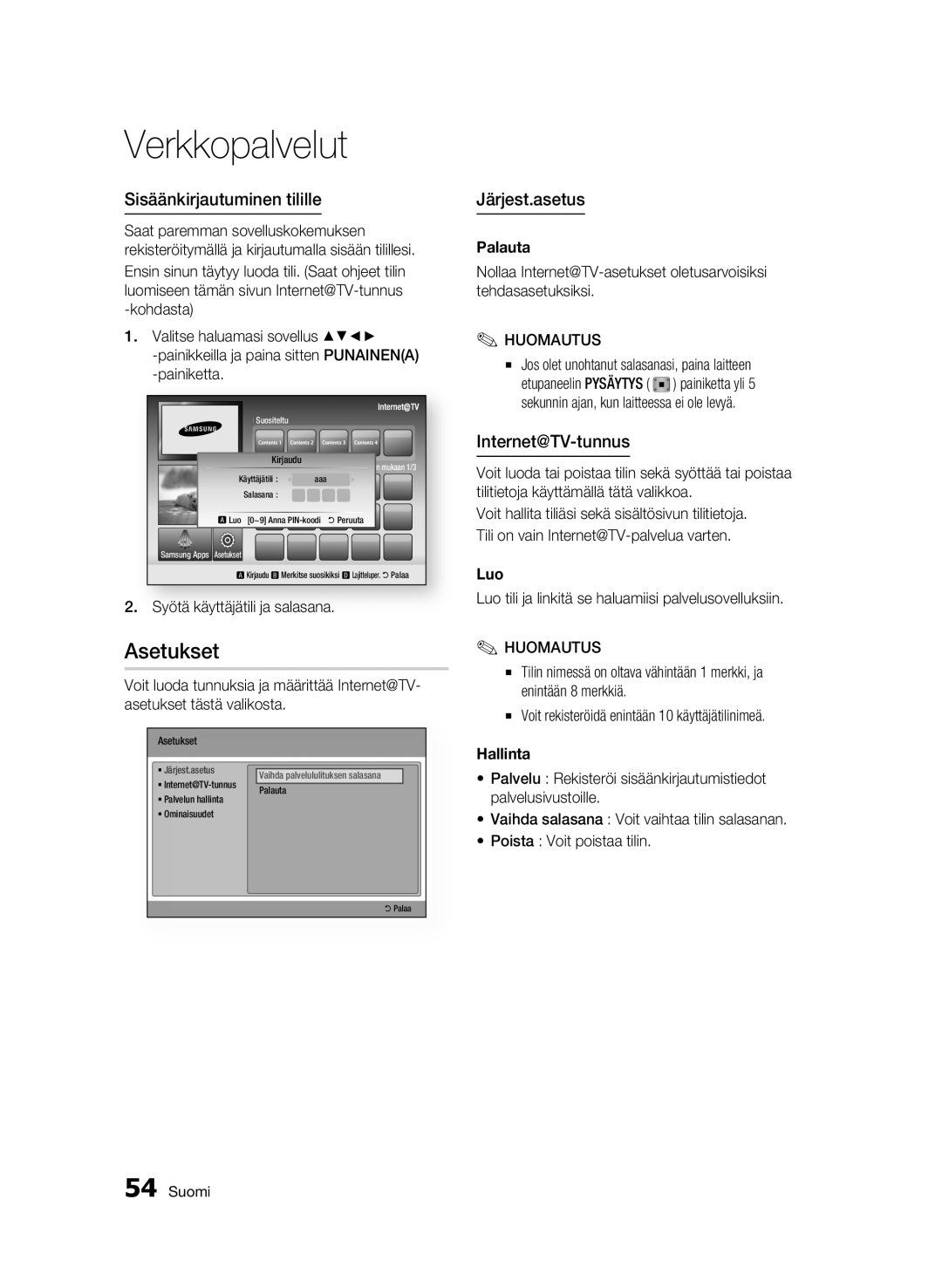 Samsung BD-C5500/XEE manual Asetukset, Sisäänkirjautuminen tilille, Järjest.asetus, Internet@TV-tunnus 