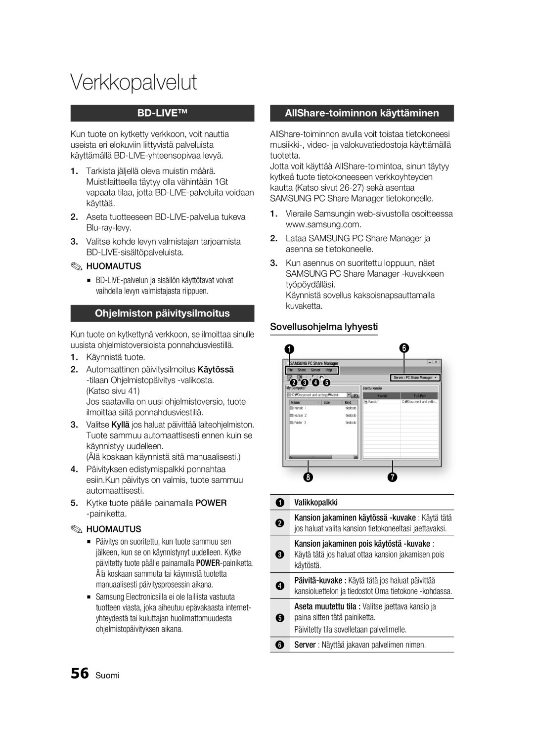 Samsung BD-C5500/XEE manual Ohjelmiston päivitysilmoitus, AllShare-toiminnon käyttäminen, Sovellusohjelma lyhyesti 