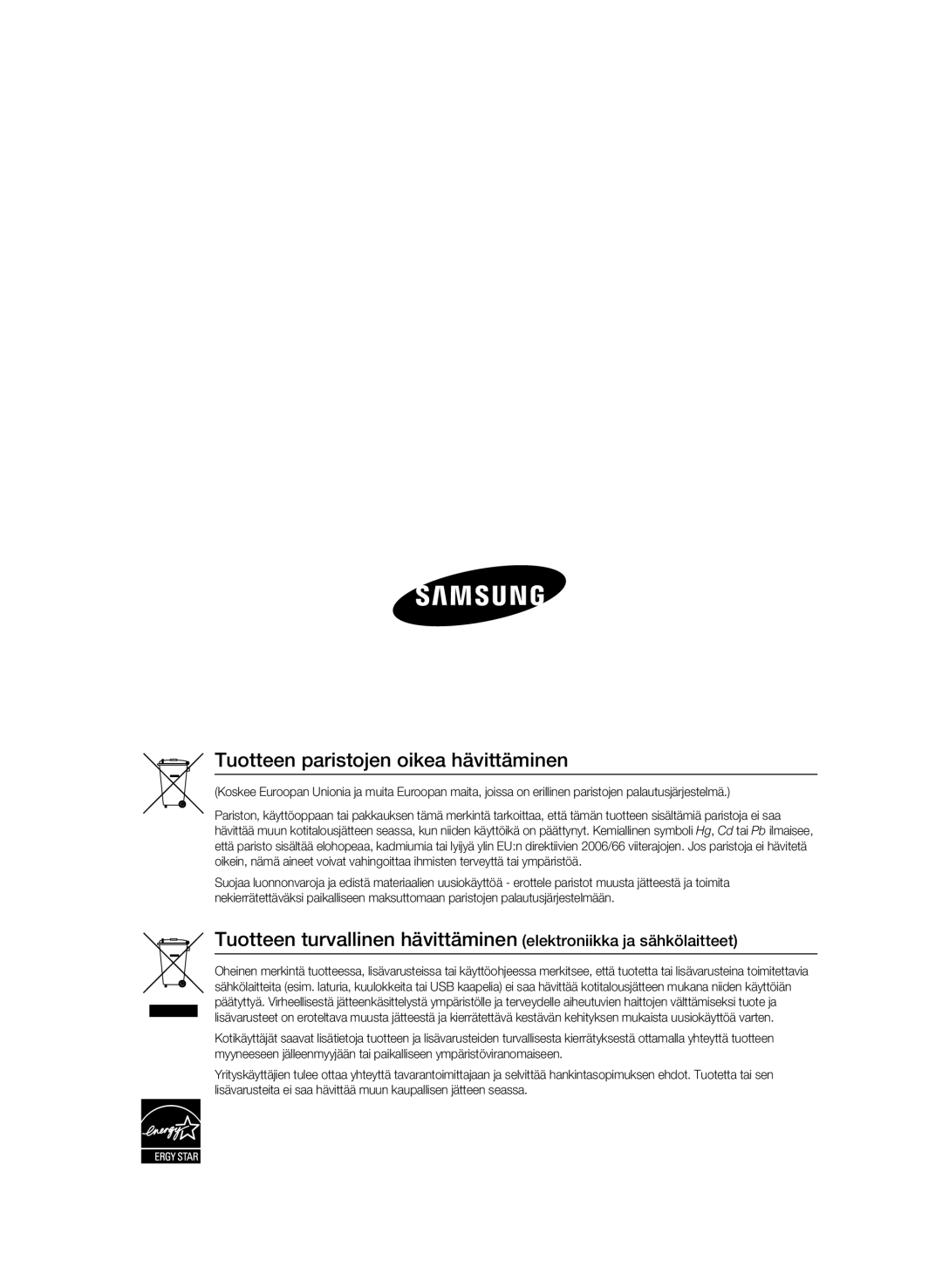 Samsung BD-C5500/XEE manual Tuotteen paristojen oikea hävittäminen 