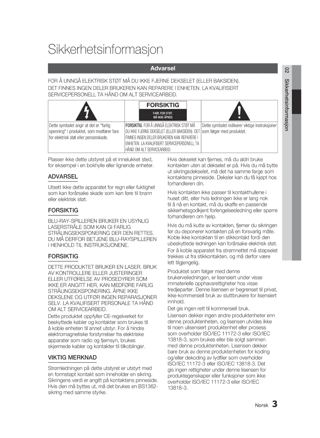 Samsung BD-C5500/XEE manual Sikkerhetsinformasjon, For elektrisk støt eller personskade 