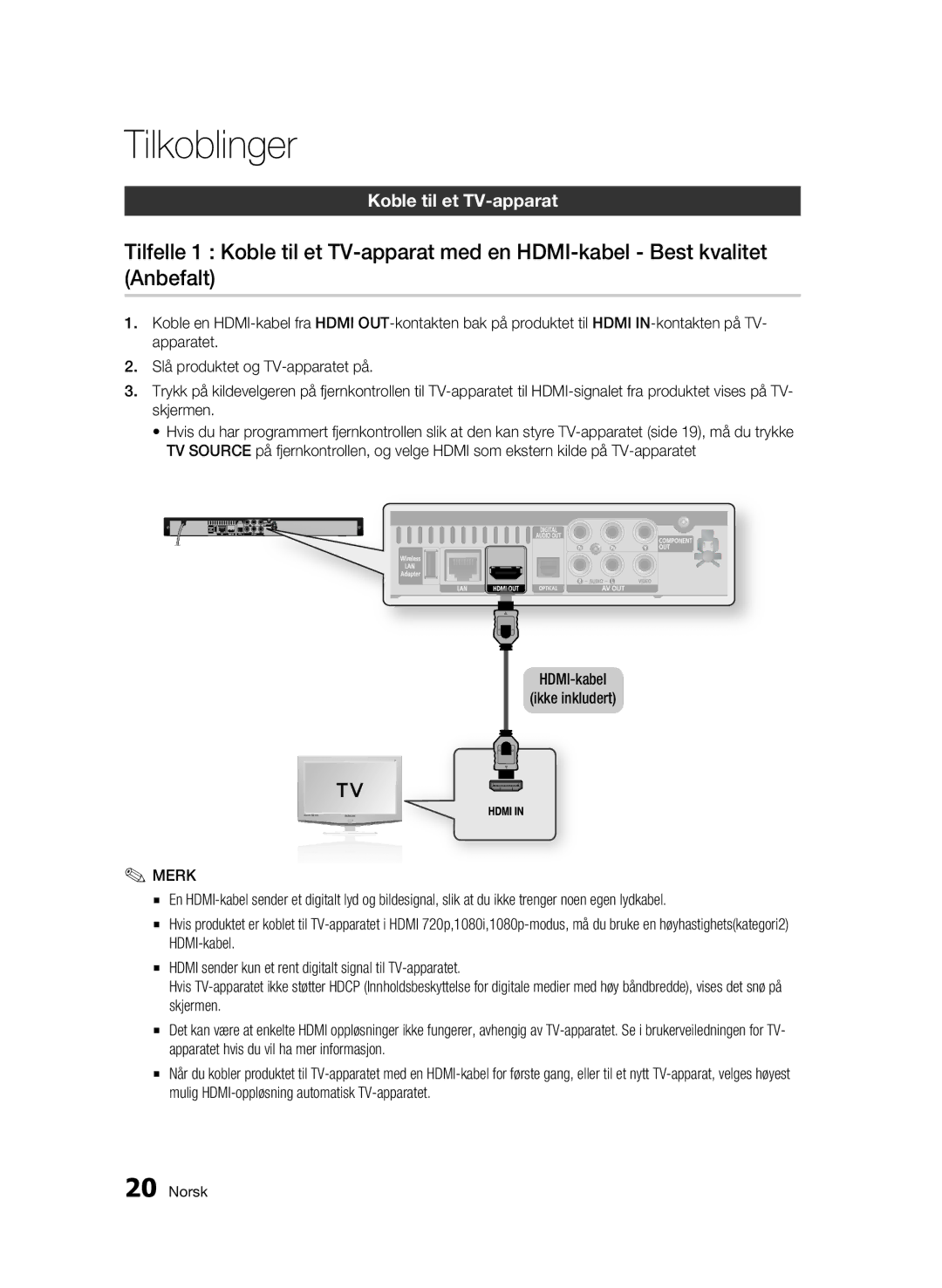 Samsung BD-C5500/XEE manual Tilkoblinger, Koble til et TV-apparat, HDMI-kabel Ikke inkludert 