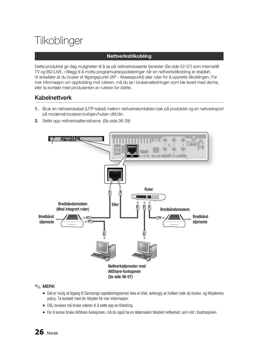 Samsung BD-C5500/XEE manual Kabelnettverk, Nettverkstilkobling, Eller Ruter Bredbåndsmodem, Bredbånd stjeneste 