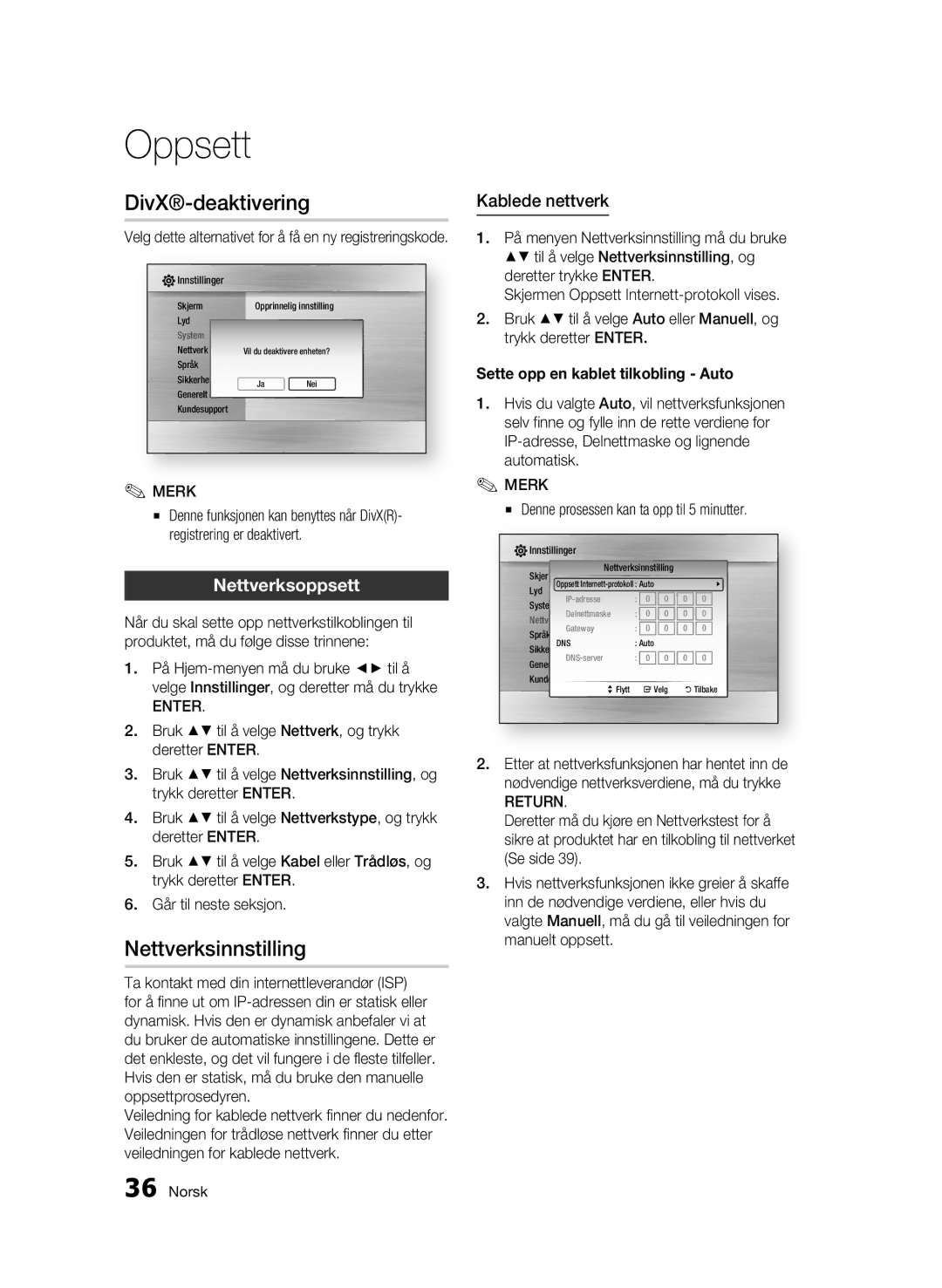 Samsung BD-C5500/XEE Nettverksinnstilling, Nettverksoppsett, Kablede nettverk, Sette opp en kablet tilkobling Auto, Return 