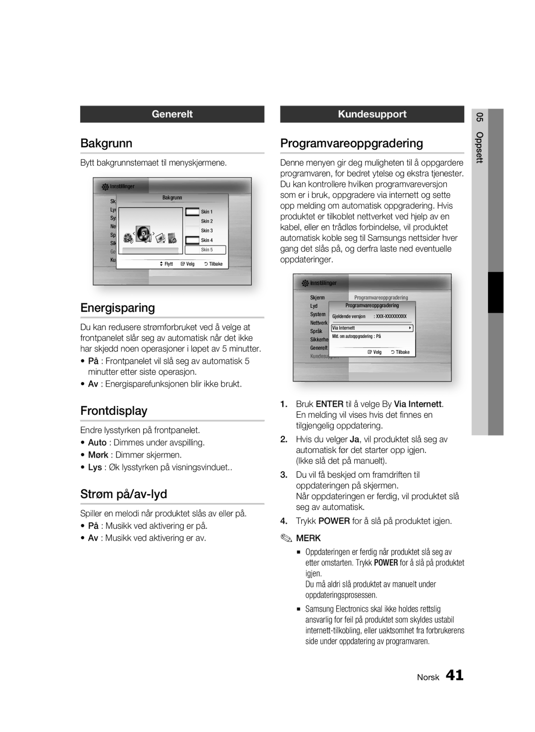 Samsung BD-C5500/XEE manual Bakgrunn, Energisparing, Frontdisplay, Strøm på/av-lyd, Programvareoppgradering 