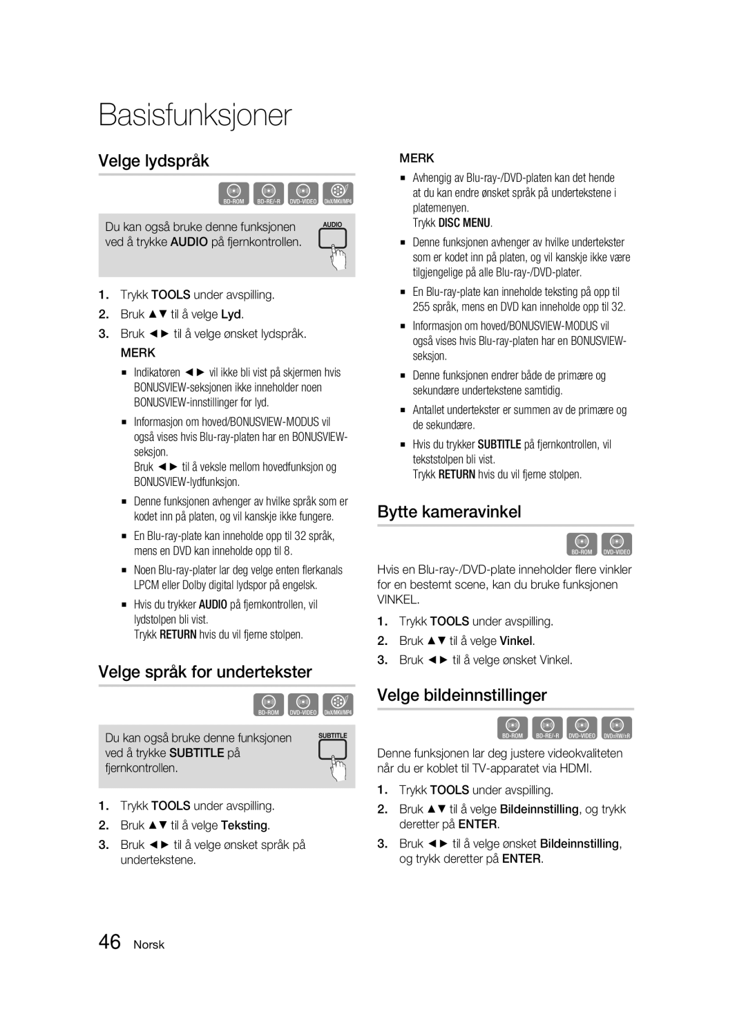 Samsung BD-C5500/XEE manual Velge lydspråk, Velge språk for undertekster, Bytte kameravinkel, Velge bildeinnstillinger 