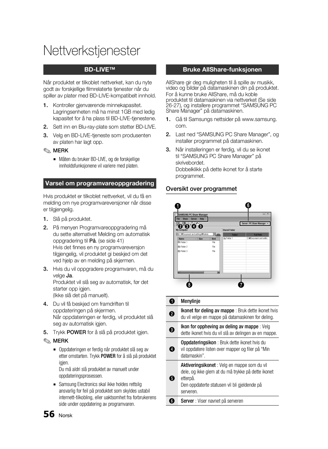 Samsung BD-C5500/XEE manual Varsel om programvareoppgradering, Bruke AllShare-funksjonen, Oversikt over programmet 