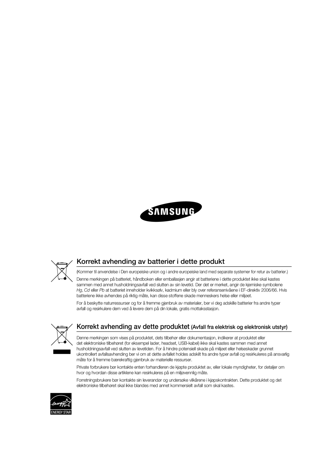 Samsung BD-C5500/XEE manual Korrekt avhending av batterier i dette produkt 