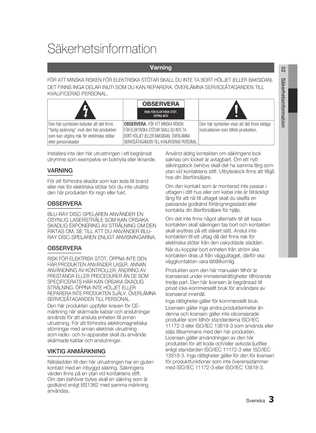 Samsung BD-C5500/XEE manual Säkerhetsinformation, Varning, Instruktioner som tillhör produkten 