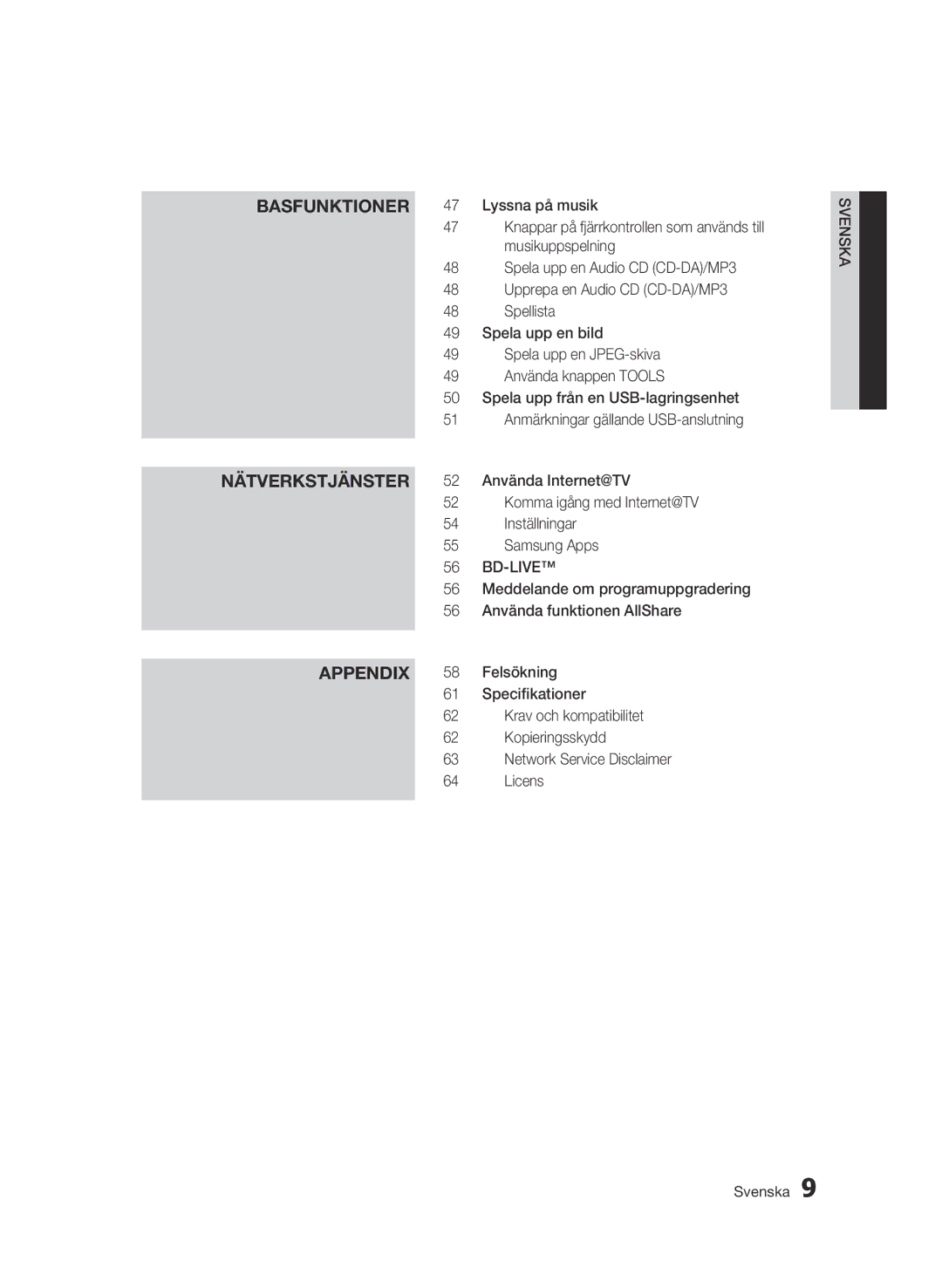 Samsung BD-C5500/XEE manual Nätverkstjänster, Appendix 