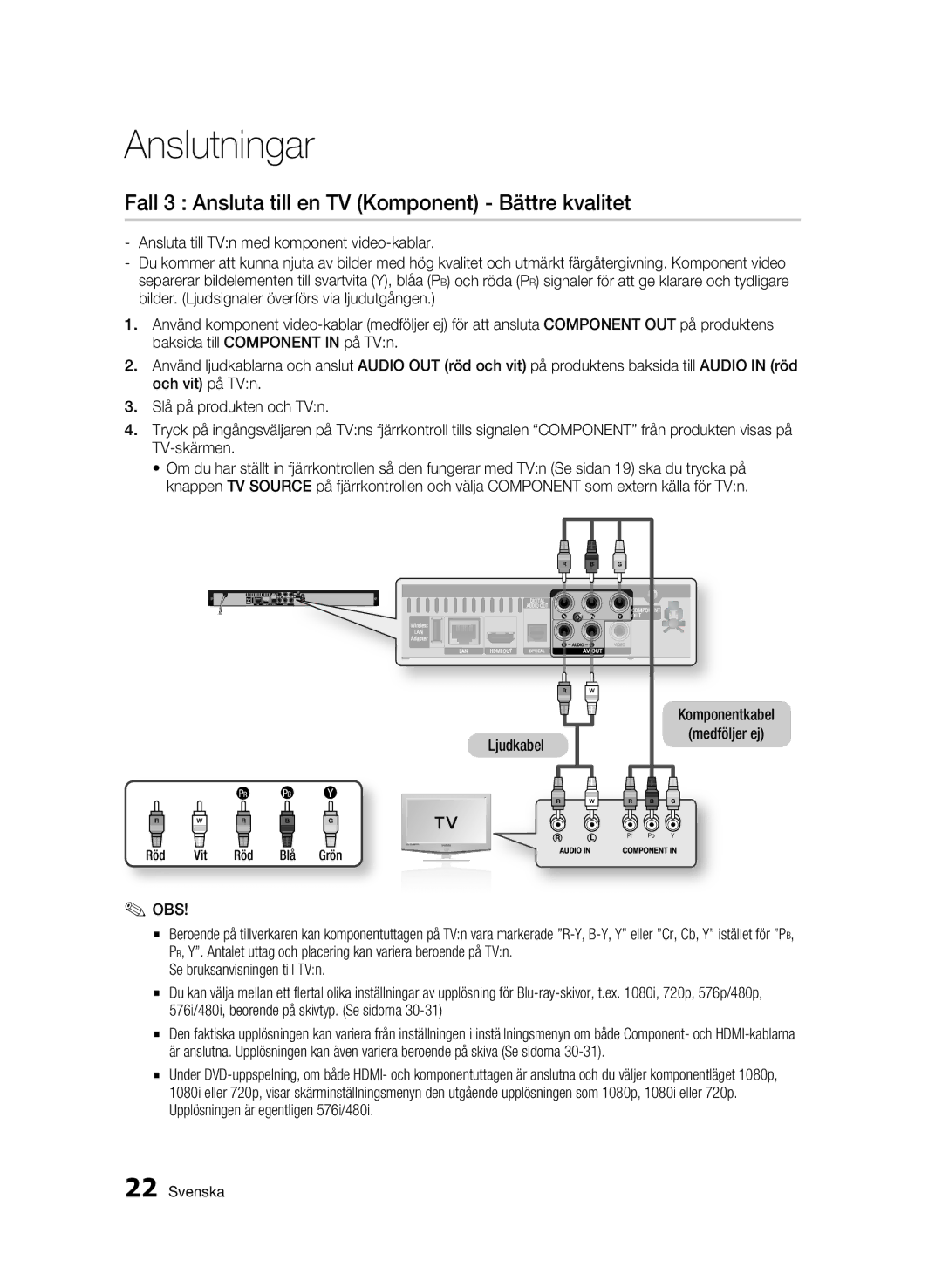 Samsung BD-C5500/XEE manual Fall 3 Ansluta till en TV Komponent Bättre kvalitet, Ljudkabel Komponentkabel Medföljer ej 