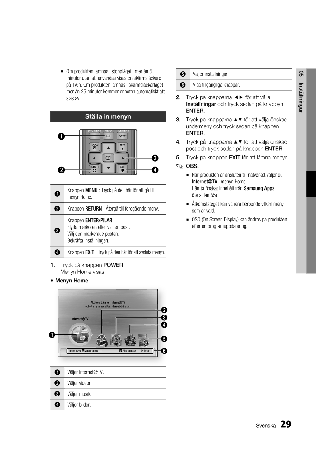 Samsung BD-C5500/XEE manual Ställa in menyn, Menyn Home, Knappen ENTER/PILAR Flytta markören eller välj en post 