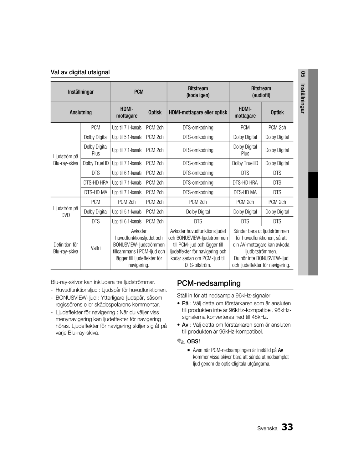 Samsung BD-C5500/XEE manual Val av digital utsignal, Blu-ray-skivor kan inkludera tre ljudströmmar, Ljudströmmen 