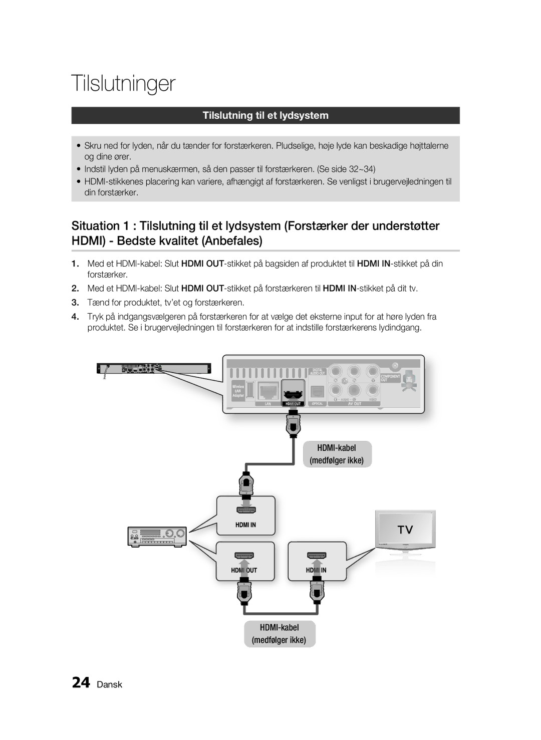 Samsung BD-C5500/XEE manual Tilslutning til et lydsystem, HDMI-kabel medfølger ikke 