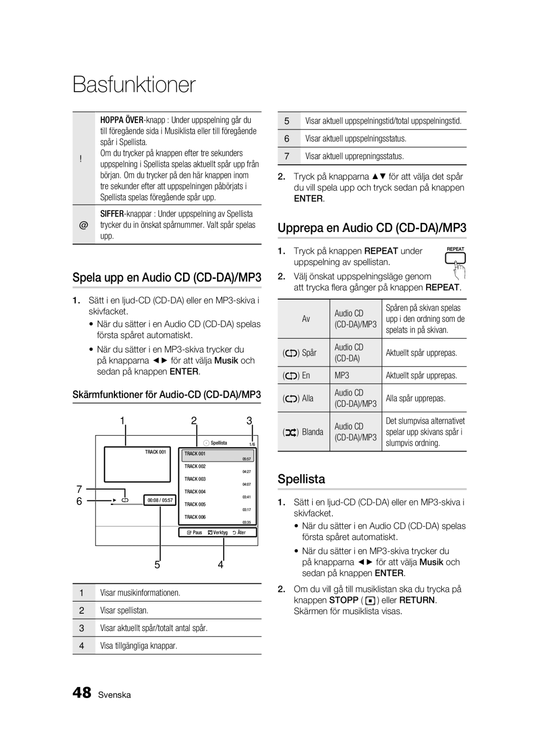 Samsung BD-C5500/XEE manual Upprepa en Audio CD CD-DA/MP3, Spellista 