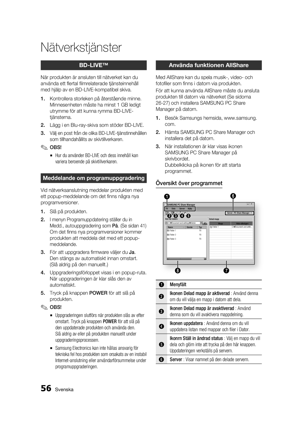 Samsung BD-C5500/XEE manual Meddelande om programuppgradering, Använda funktionen AllShare, Översikt över programmet 