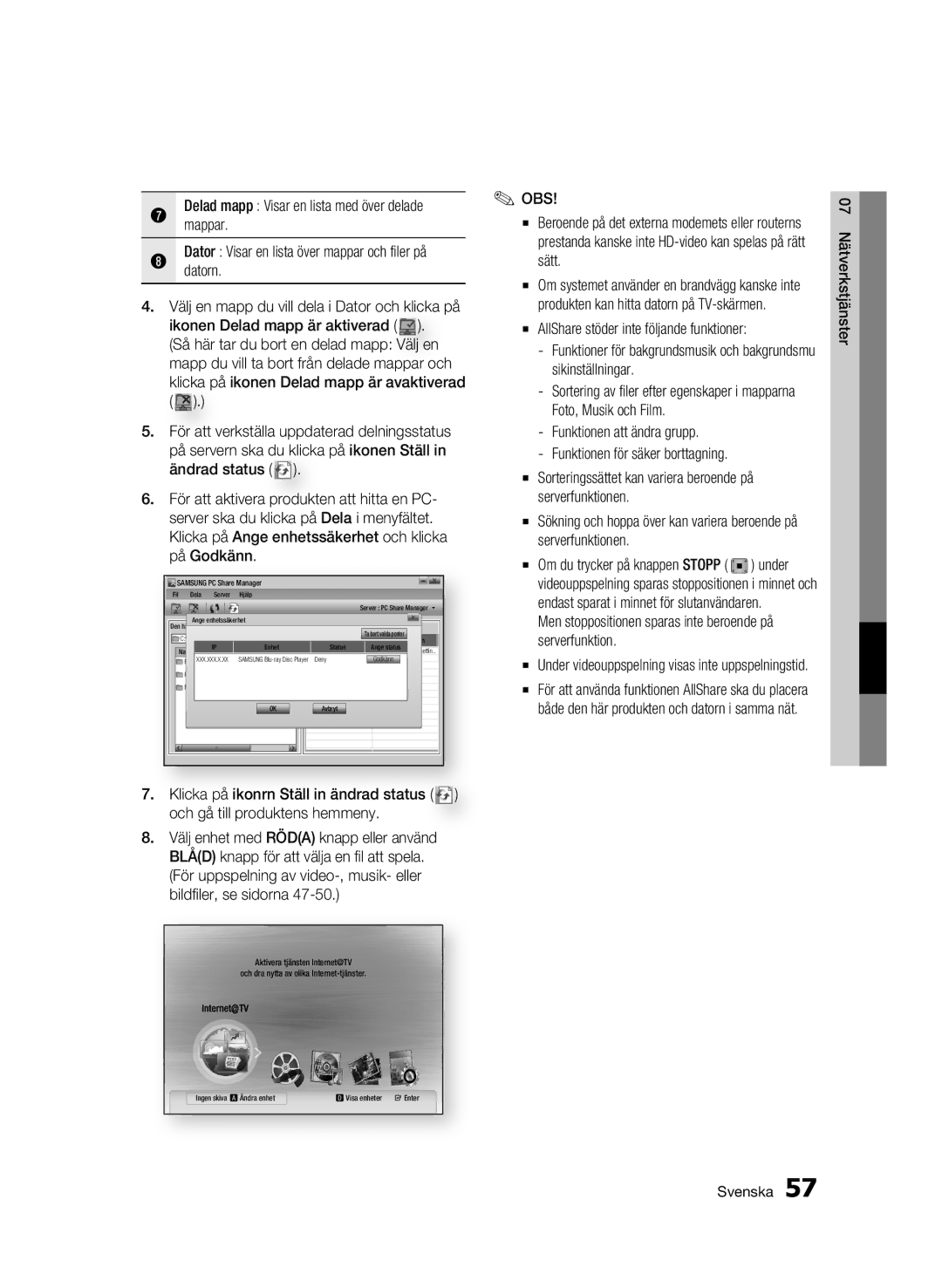 Samsung BD-C5500/XEE manual Mappar, Men stoppositionen sparas inte beroende på serverfunktion 