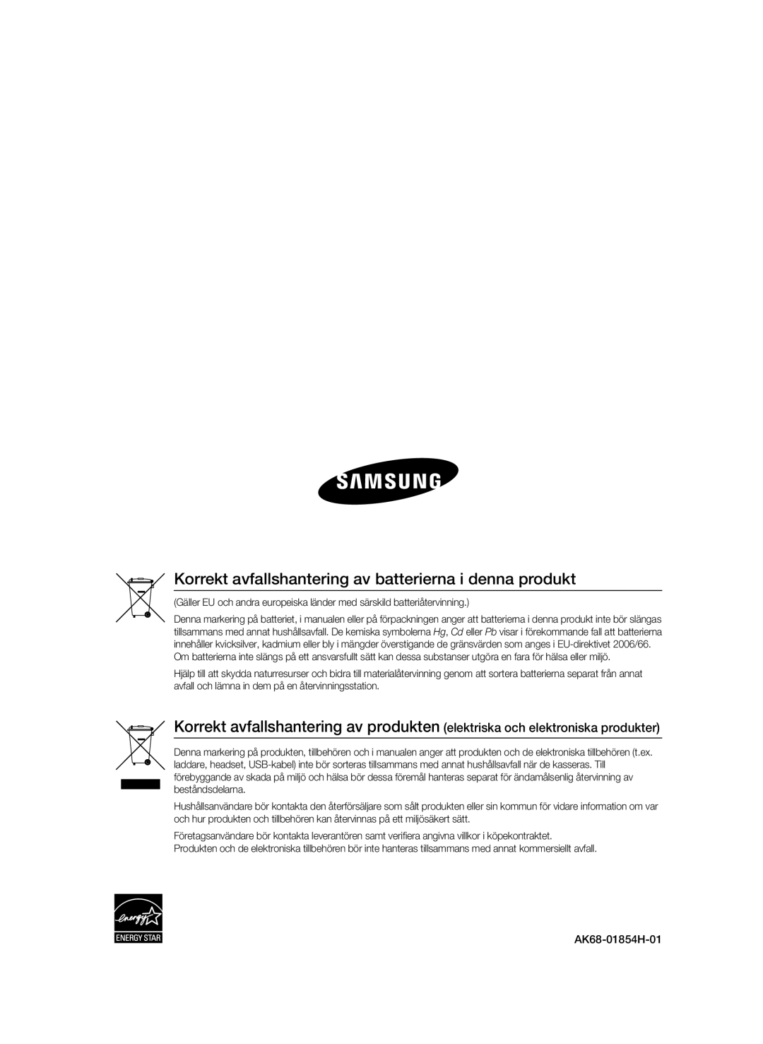 Samsung BD-C5500/XEE manual Korrekt avfallshantering av batterierna i denna produkt, AK68-01854H-01 