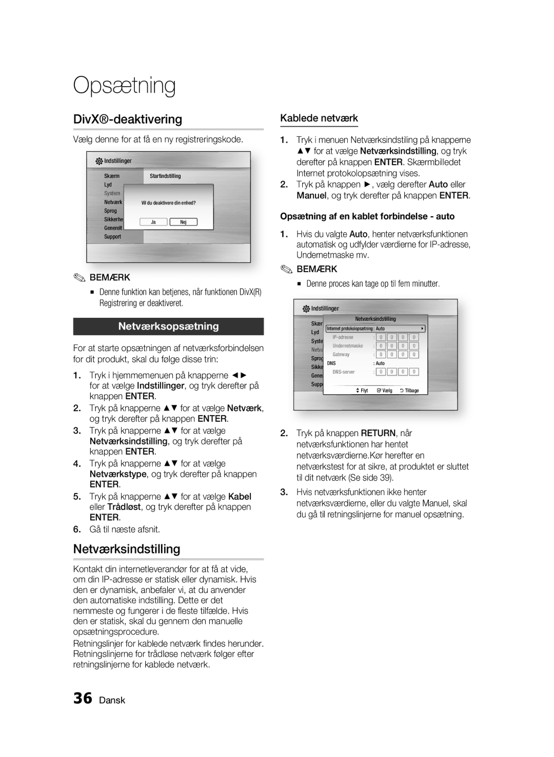 Samsung BD-C5500/XEE manual DivX-deaktivering, Netværksindstilling, Kablede netværk, Netværksopsætning 