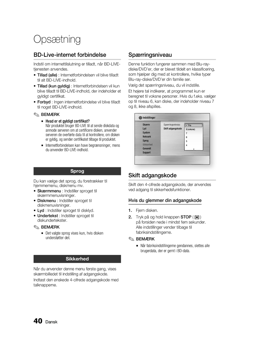 Samsung BD-C5500/XEE manual BD-Live-internet forbindelse, Spærringsniveau, Skift adgangskode, Sprog, Sikkerhed 