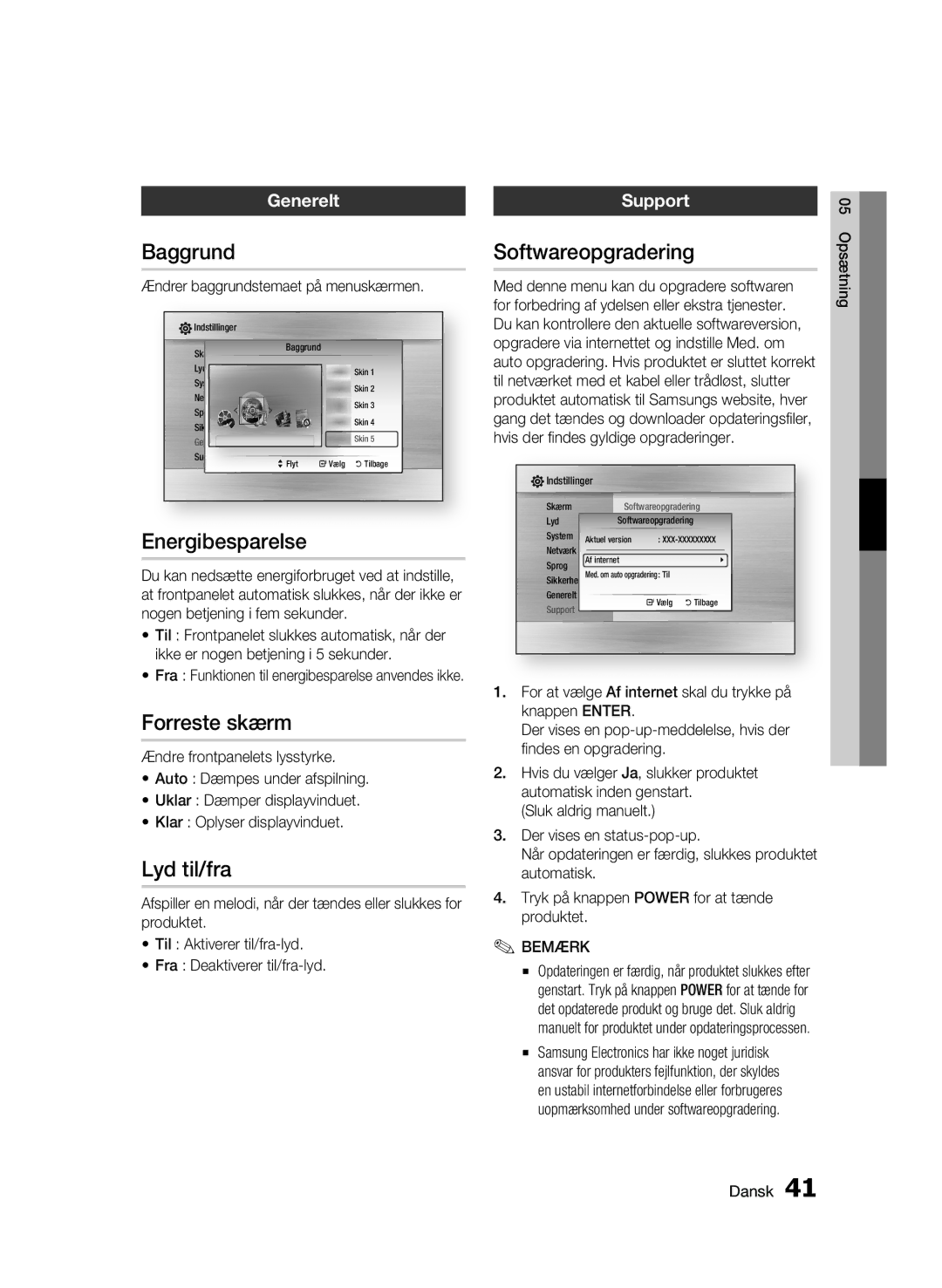 Samsung BD-C5500/XEE manual Baggrund, Energibesparelse, Forreste skærm, Lyd til/fra, Softwareopgradering 