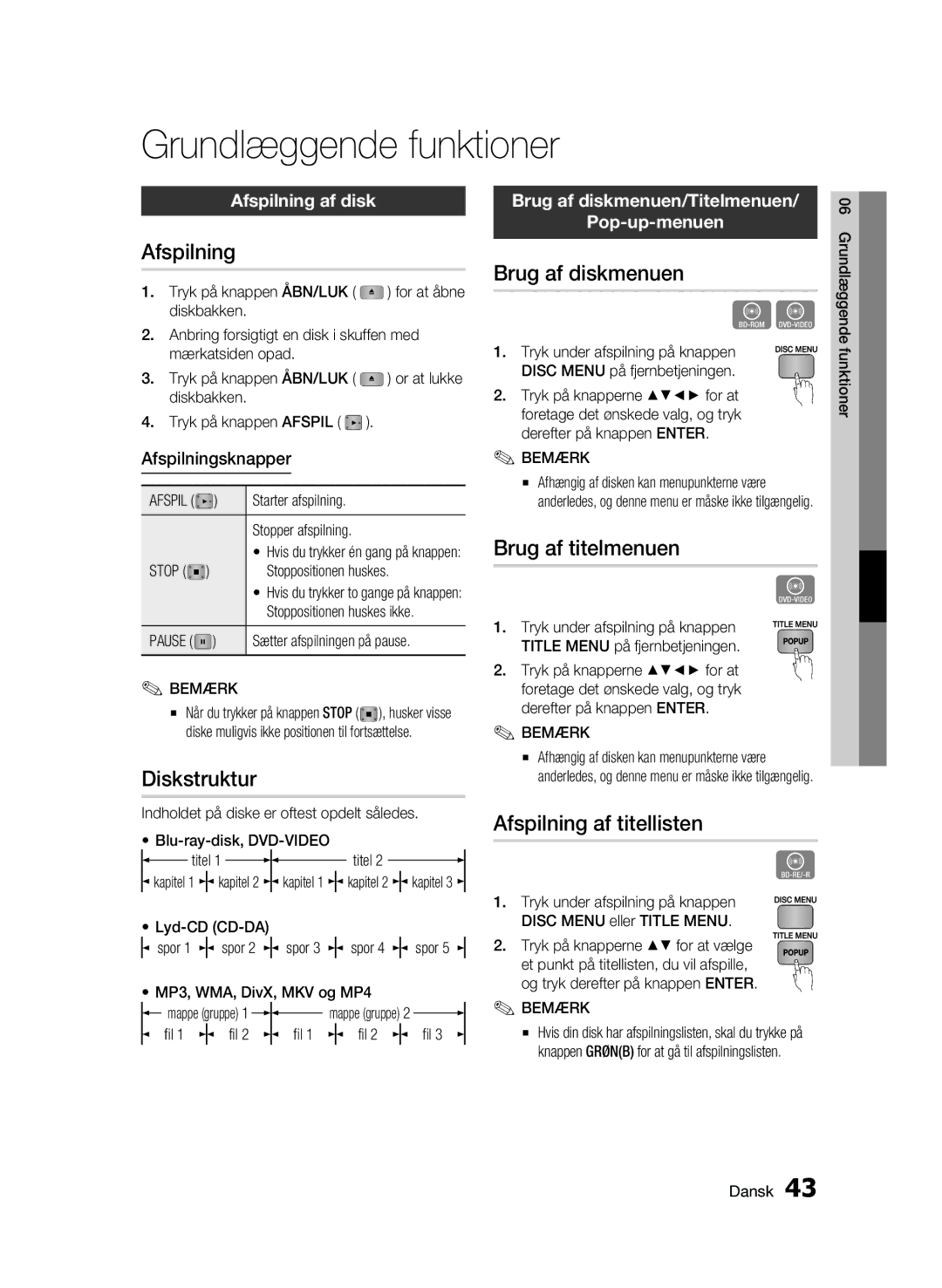 Samsung BD-C5500/XEE manual Grundlæggende funktioner 